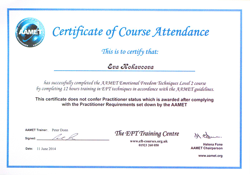 Certificate Emotional Freedom Technique Level2