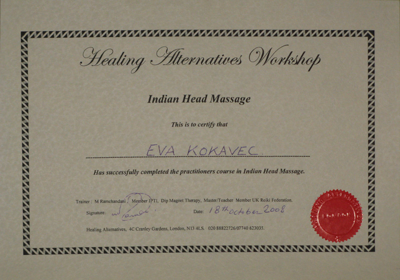  - Certificate HAW Indian Head Massage